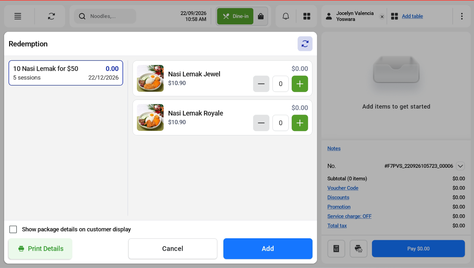 Redeeming a session package in POS Mode