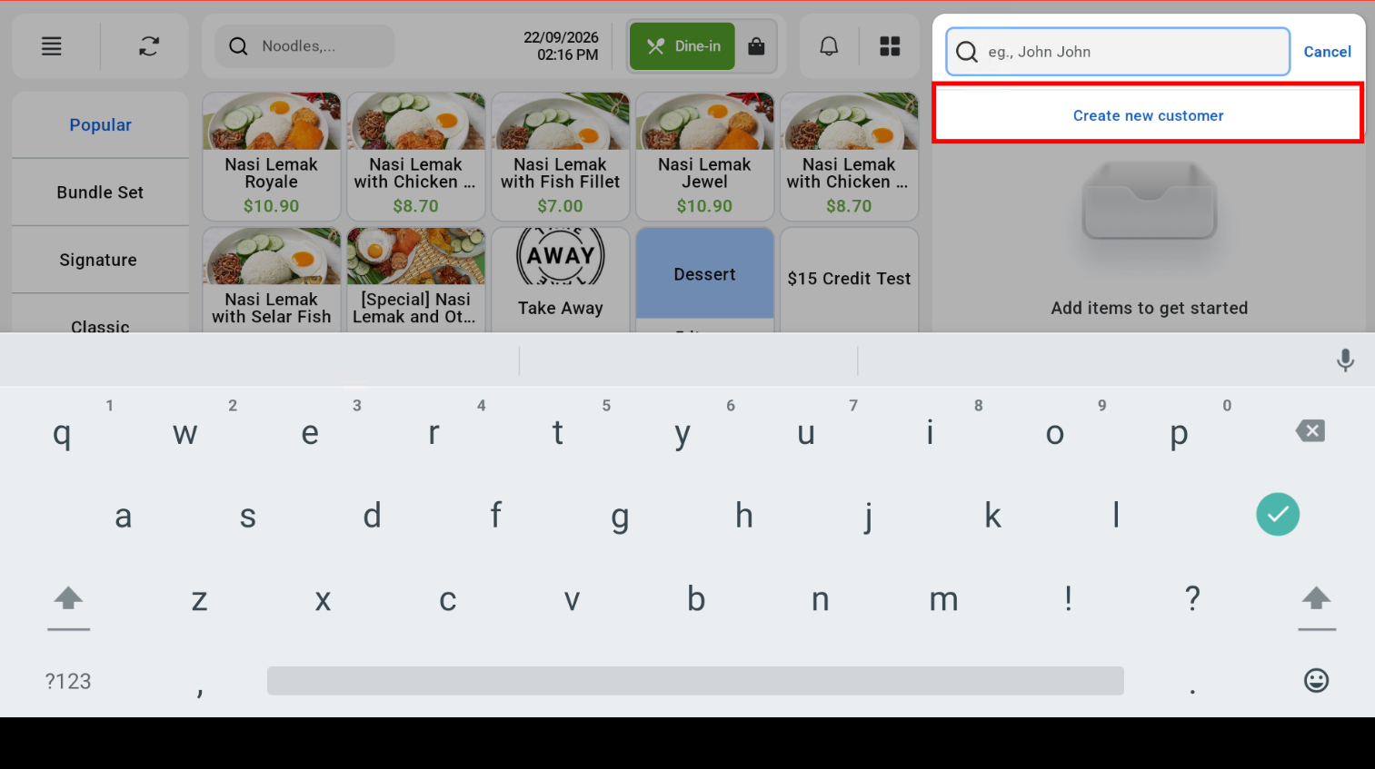 Create new customer option on the cashier screen