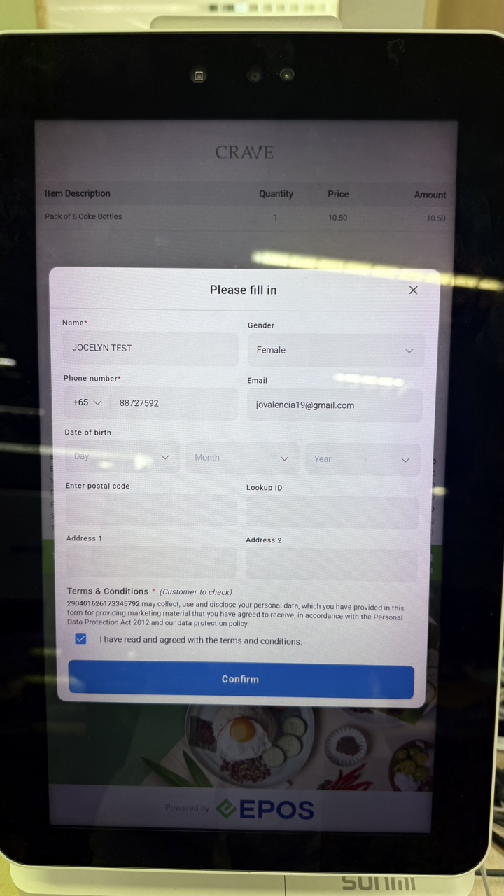 Customer details form on the customer screen