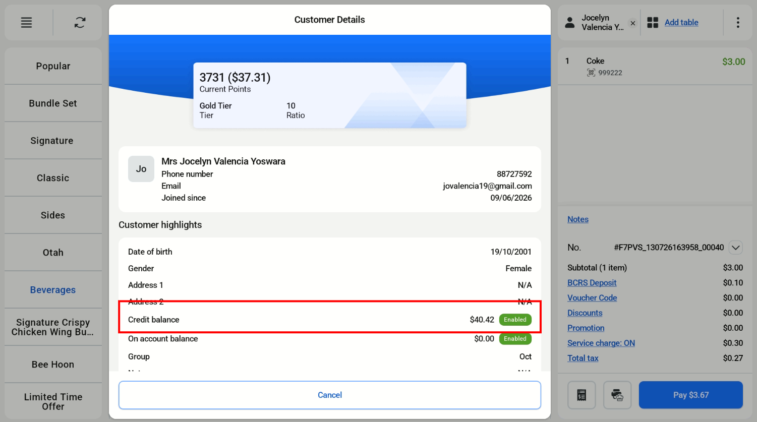 Customer details on the cashier screen