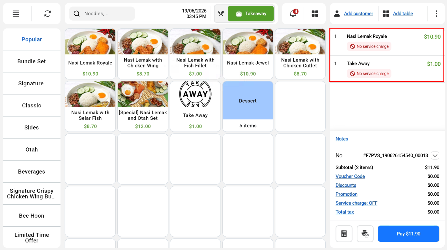 Items added to the cart on the cashier screen