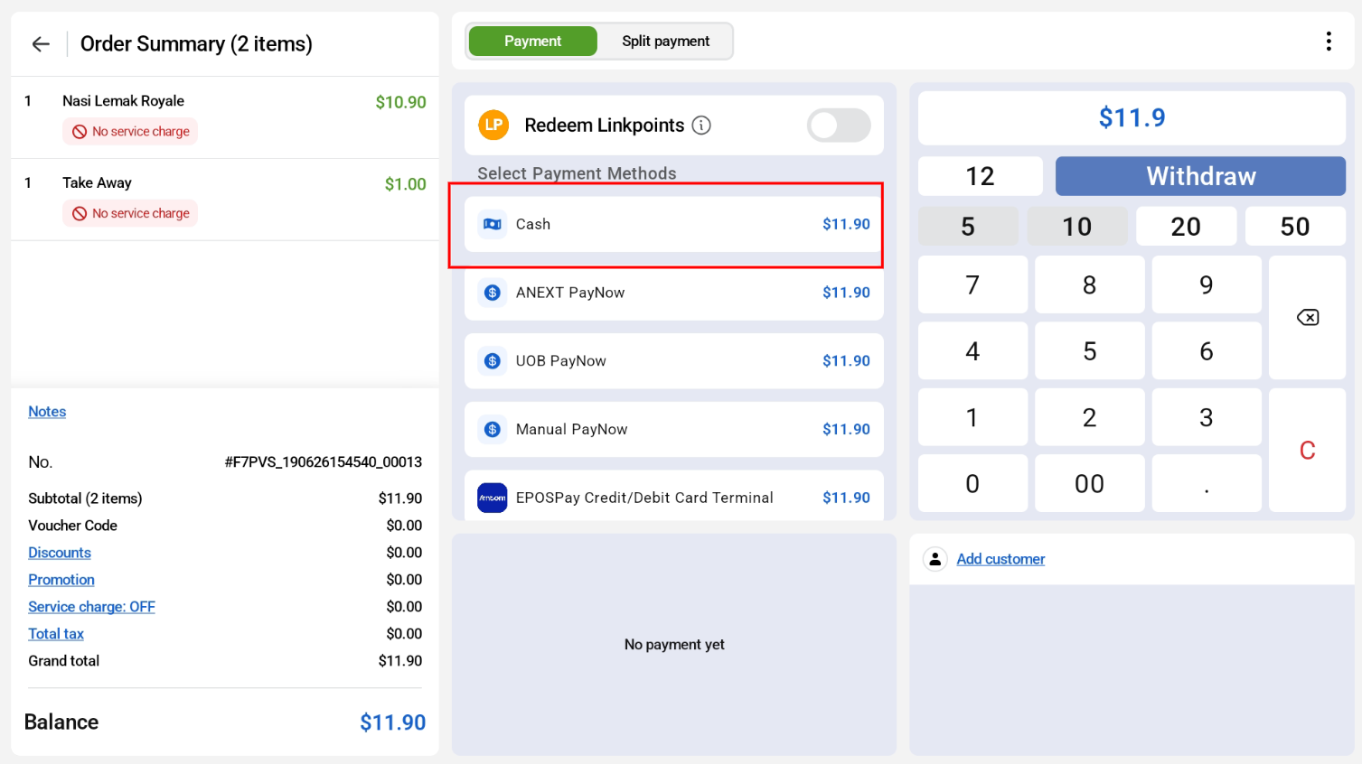 Selecting Cash as the payment method