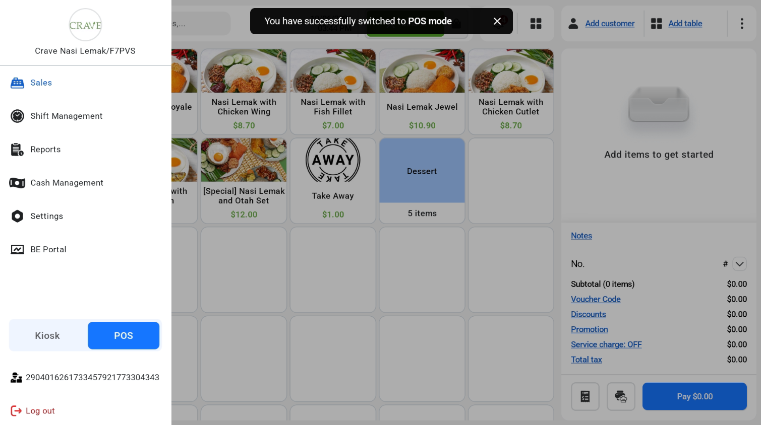 Cashier screen in POS Mode