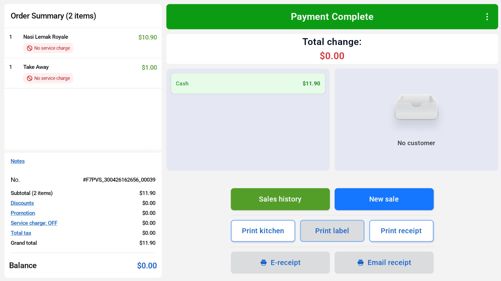 Payment complete on the cashier screen