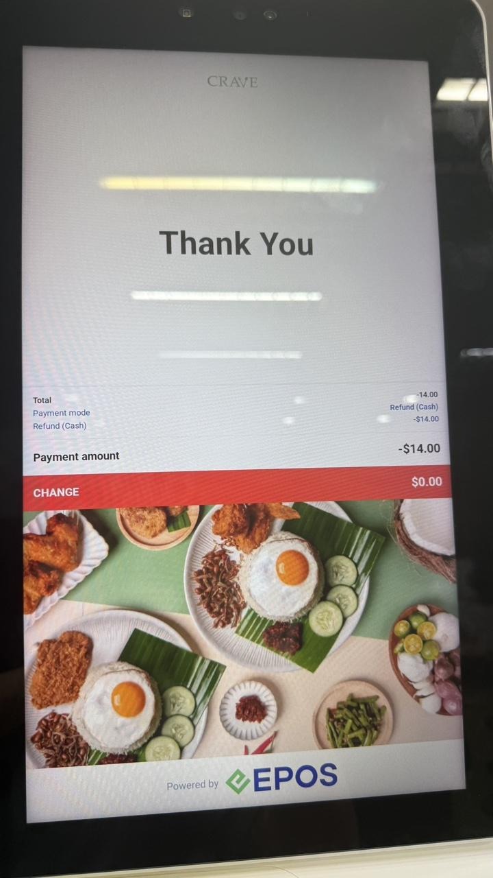 Refund shown on the customer screen