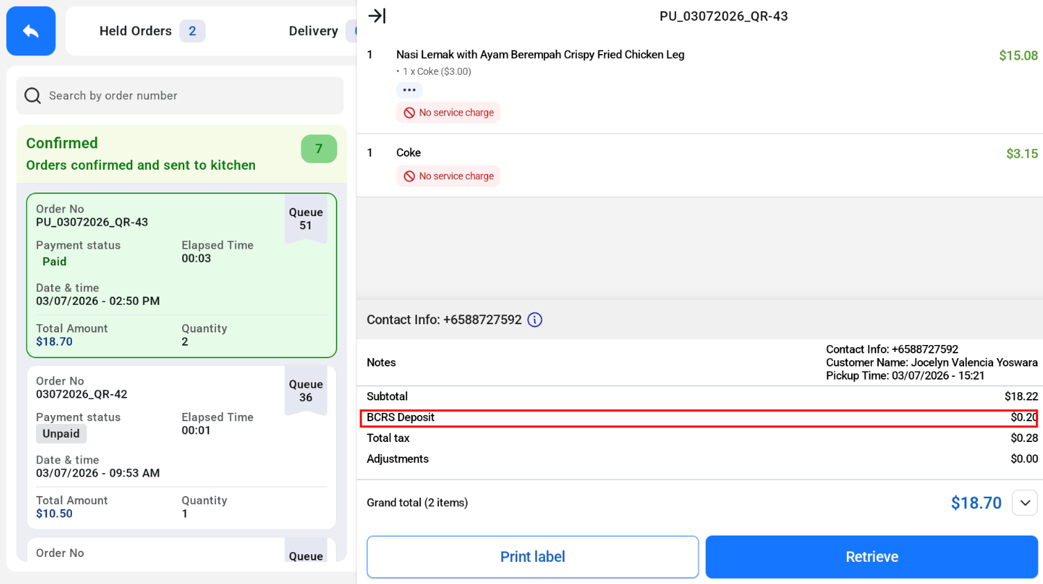 QR order with the BCRS Deposit line