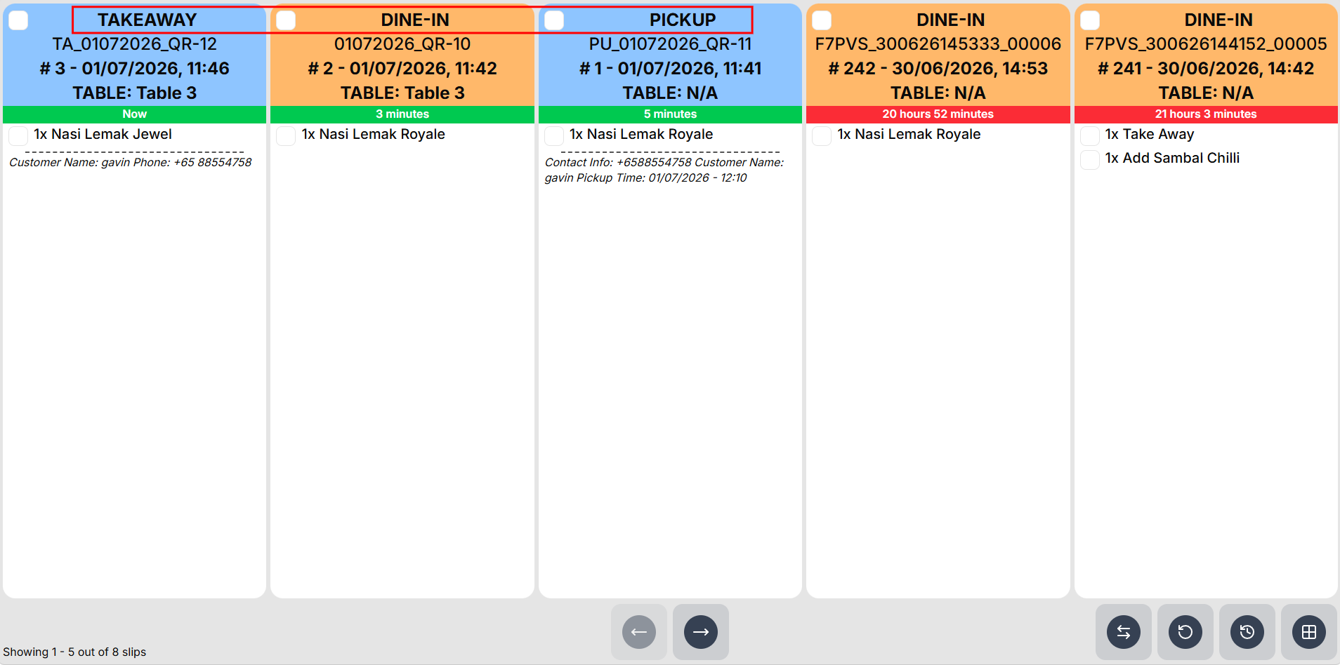 QR orders in Online KDS with dining option headers