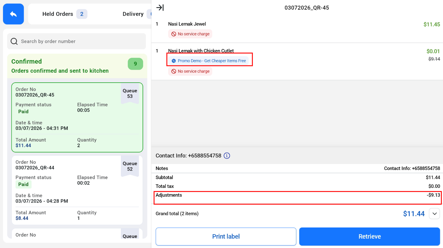 QR order with a promotion under Adjustments