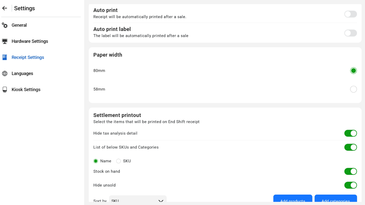 Auto print, paper width and settlement printout settings