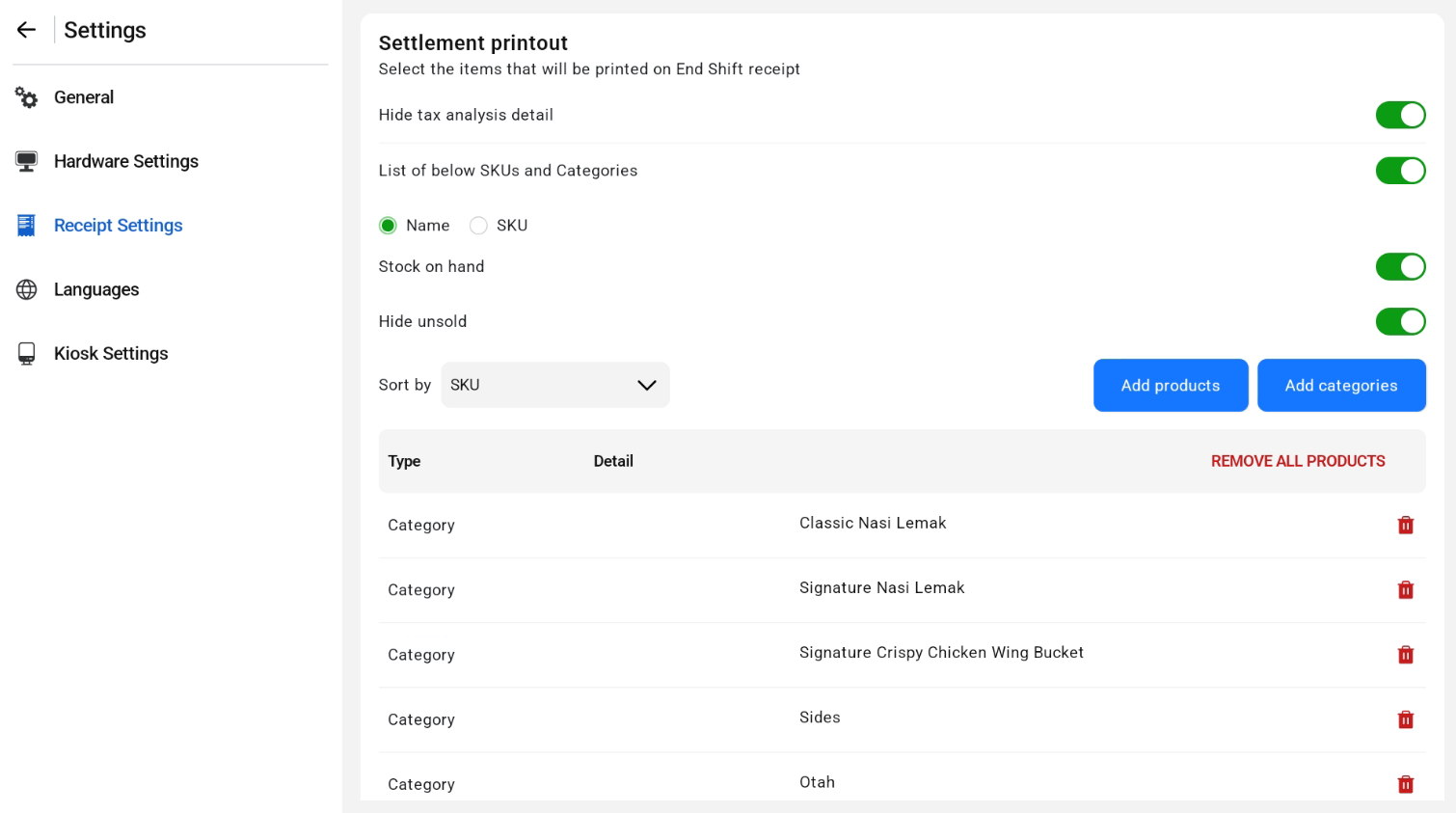 Settlement printout listing items by SKU and categories