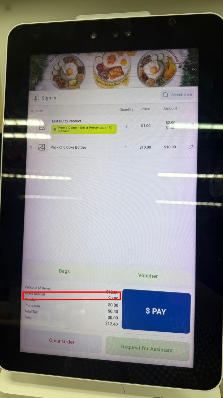 BCRS deposit on the Retail Kiosk