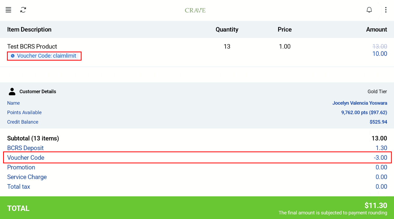 Voucher applied on the Retail Kiosk