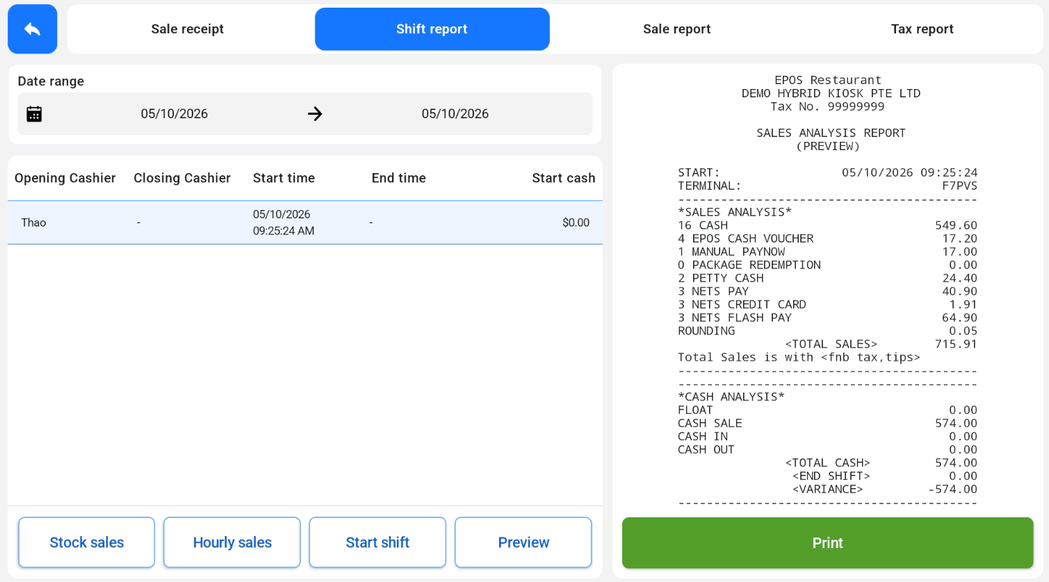 Pre-Settlement Report preview on the Shift Report screen