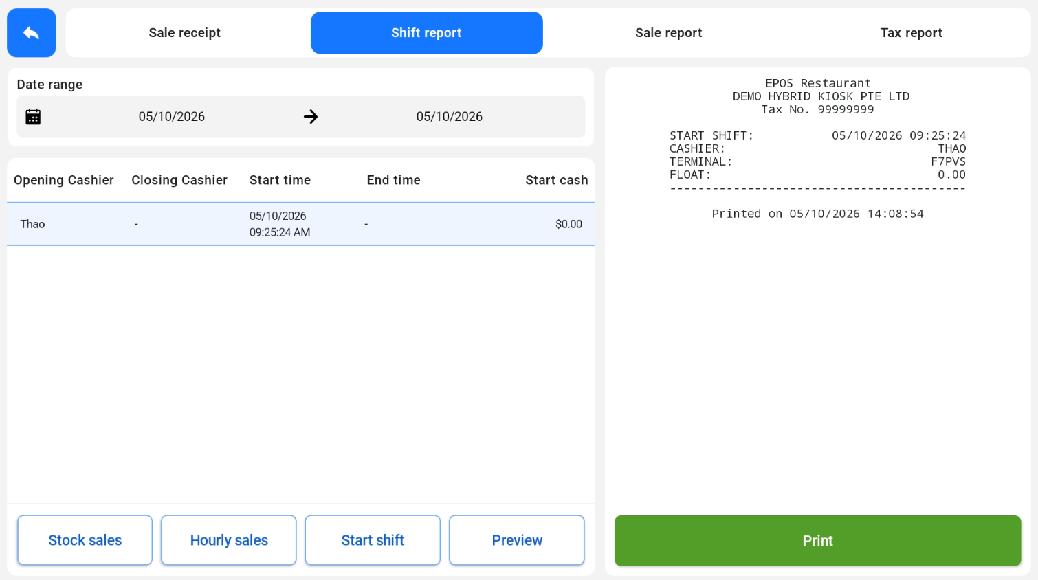Start Shift preview on the Shift Report screen