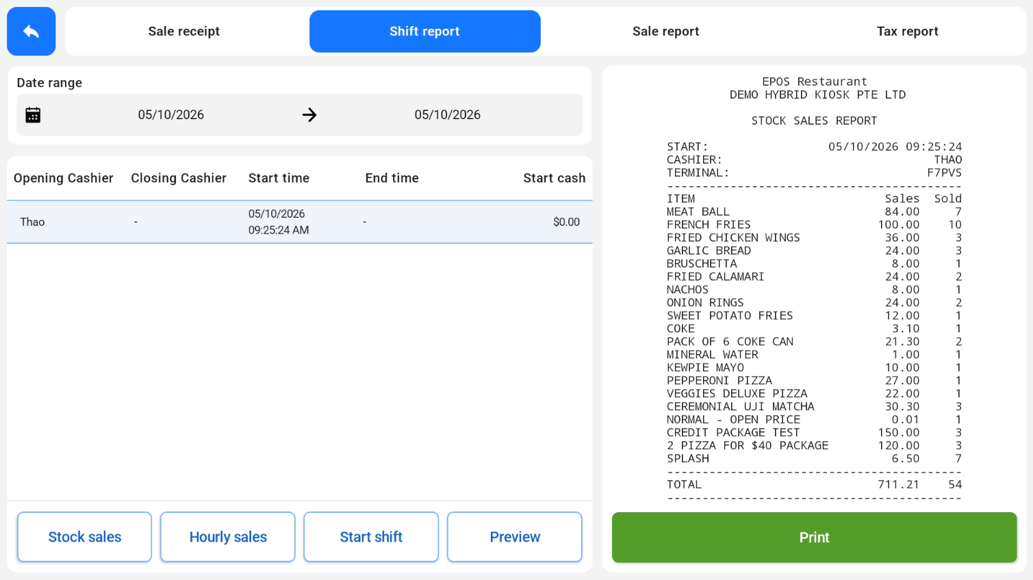 Stock Sales Report preview on the Shift Report screen