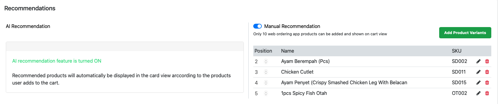 Top picks on the cart page and Recommendations settings