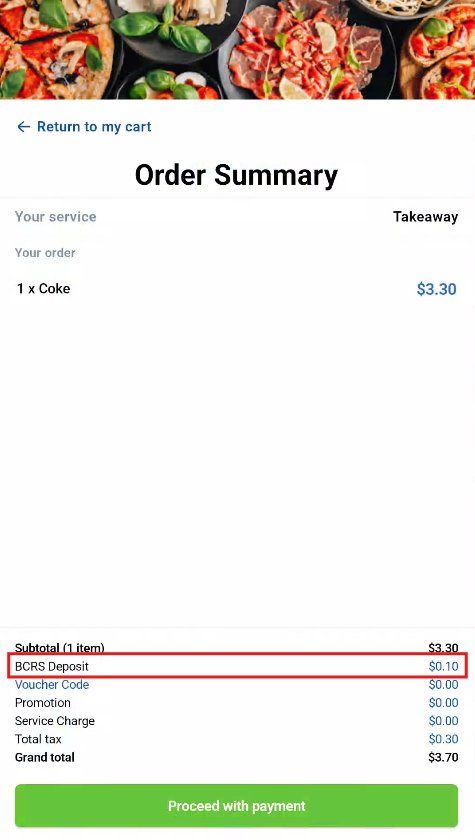 Order summary with BCRS deposit for a normal product