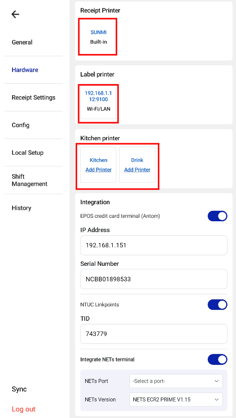Hardware Settings on the kiosk
