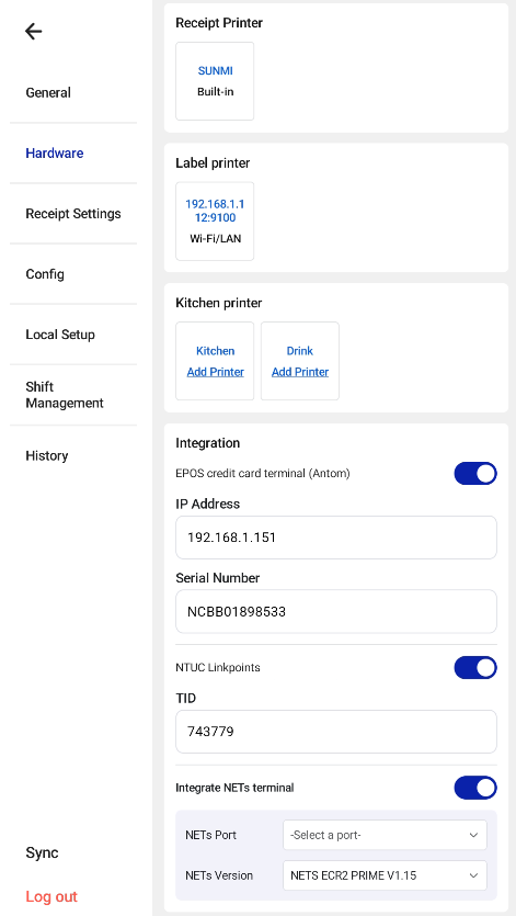 Kitchen printers shown in Hardware Settings