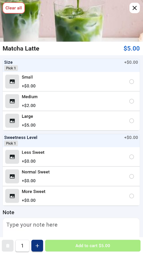 Drink with size and sweetness level modifiers