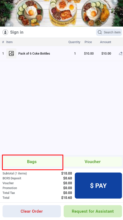 Bags menu on the Retail Kiosk