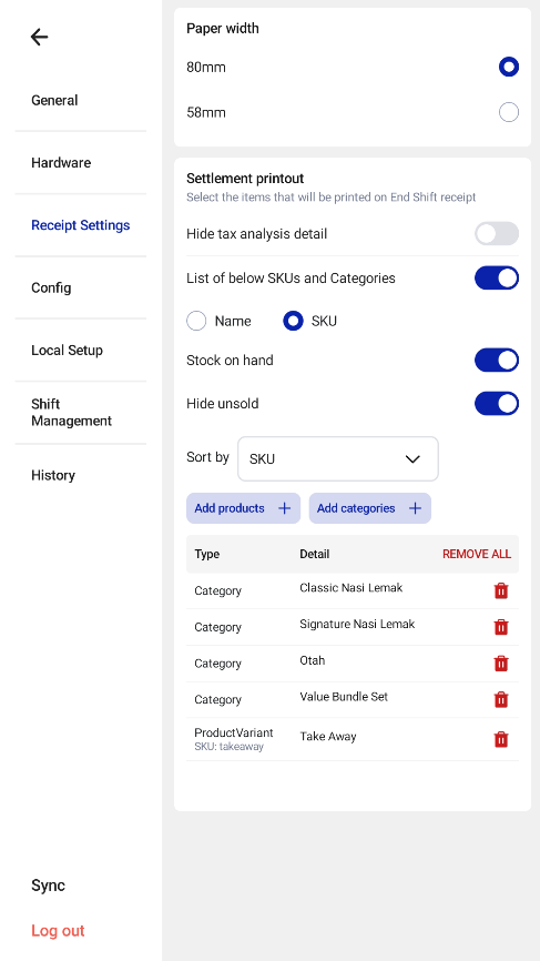 Listing SKUs or categories on the settlement printout