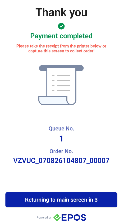 Thank you screen after payment