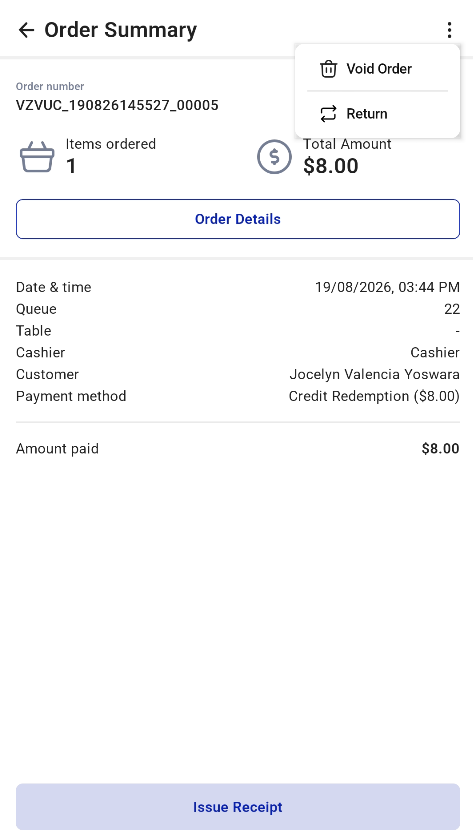 Return order screens on the F&B Kiosk
