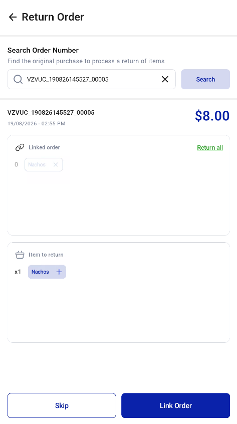 Return order screens on the F&B Kiosk