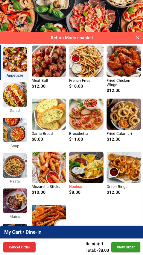 Return order screens on the F&B Kiosk