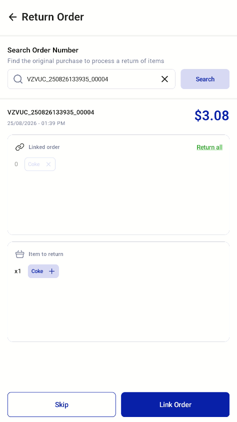 Return order screens on the Retail Kiosk