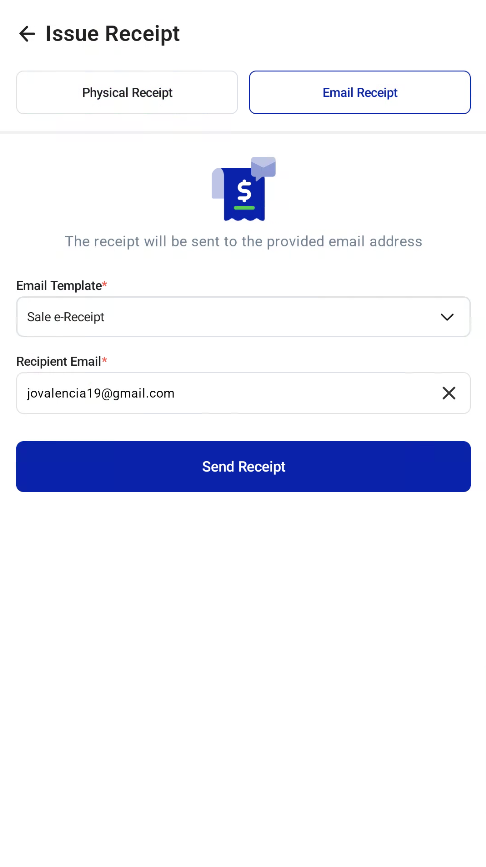 Email Receipt screen