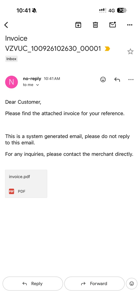 Email received by the customer