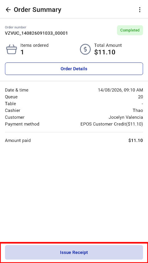 Order Summary for a kiosk transaction