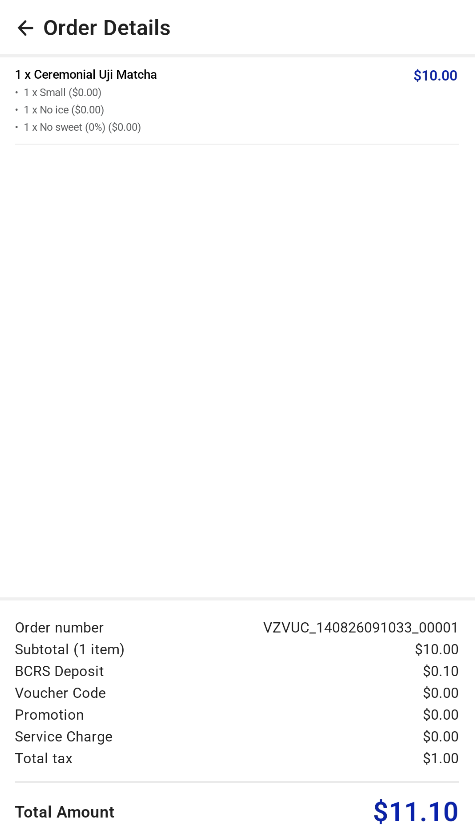 Order Details showing the items and totals