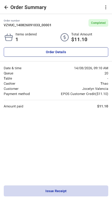 Issue Receipt button on the Order Summary
