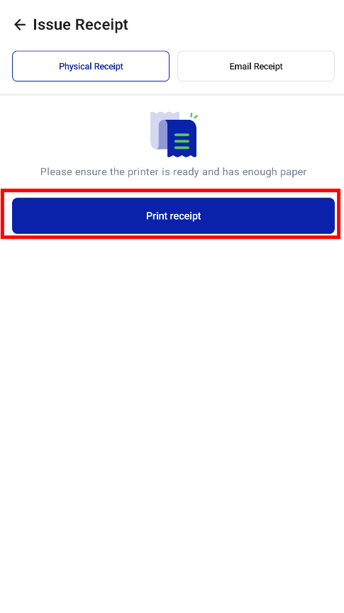 Issue Receipt screen with the print option