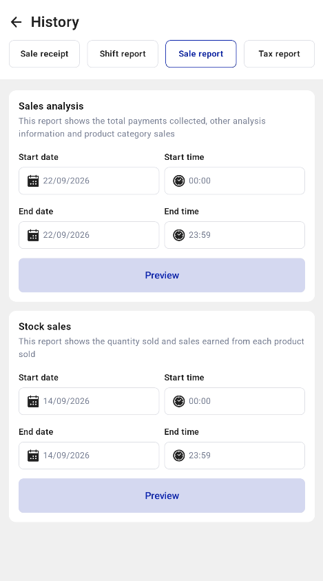 Sale report filters in History