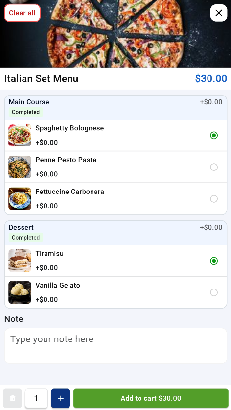 Set menu with main course and dessert choices
