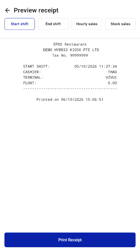 Start shift receipt preview