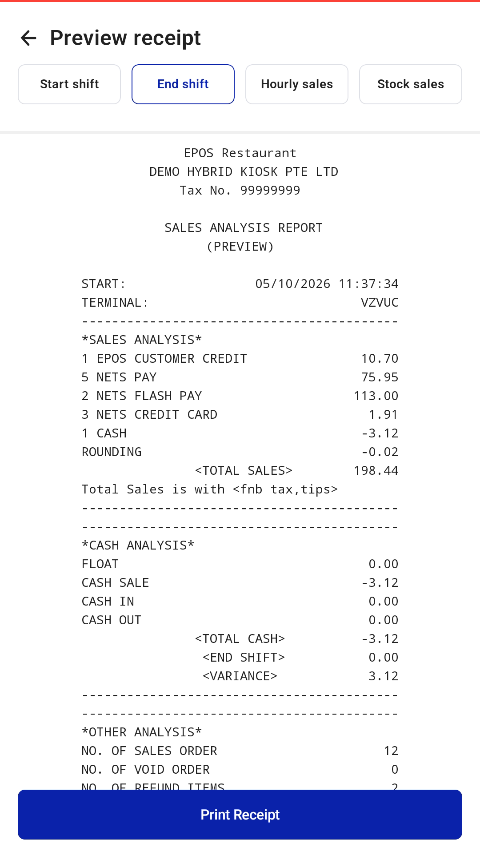 Pre-settlement receipt preview before End Shift