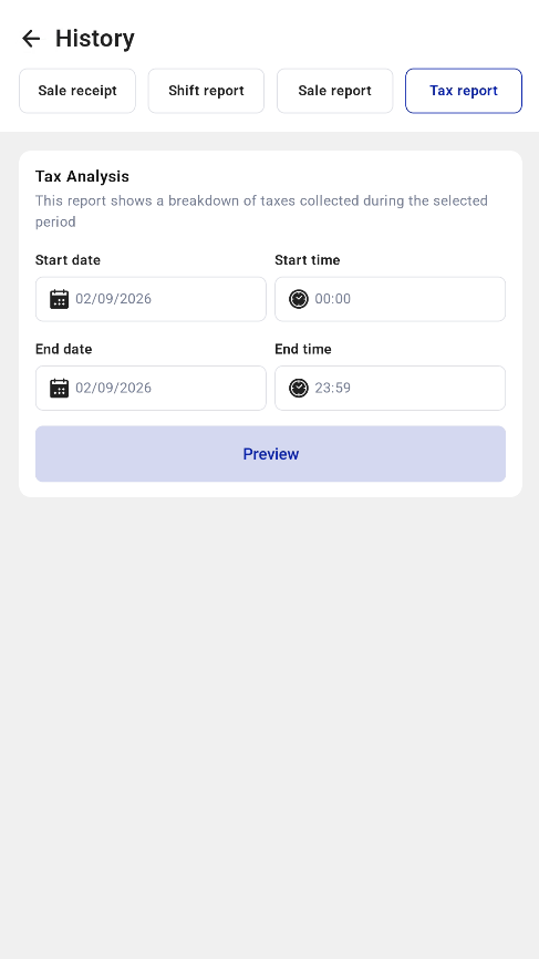 Tax Report filter and preview on the Standalone Kiosk