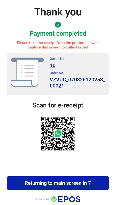 WhatsApp e-receipt QR code on the Thank You screen