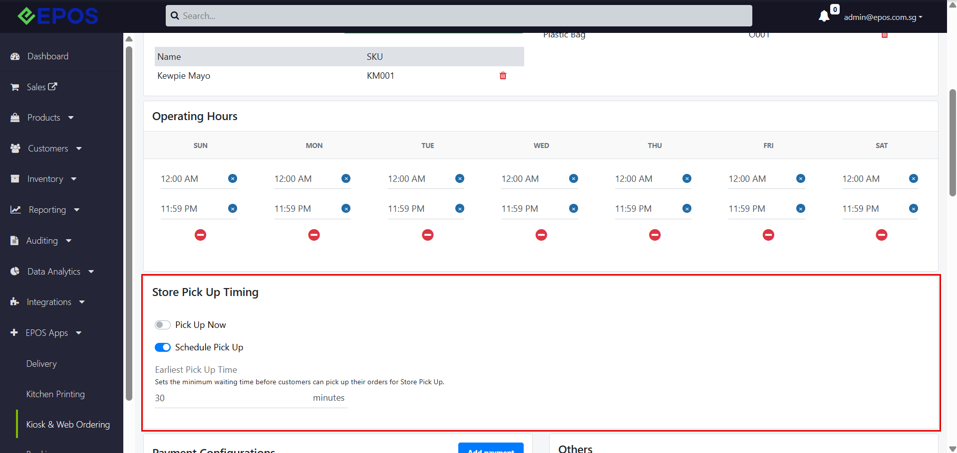 Store Pick Up Timing section with default settings
