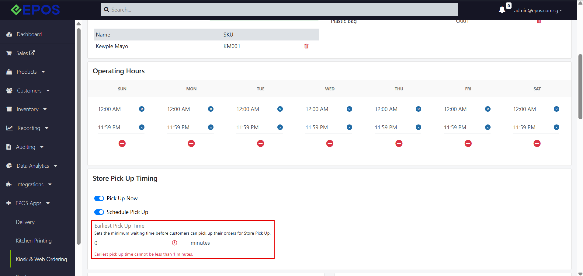 Error message when the earliest pick up time is less than 1 minute