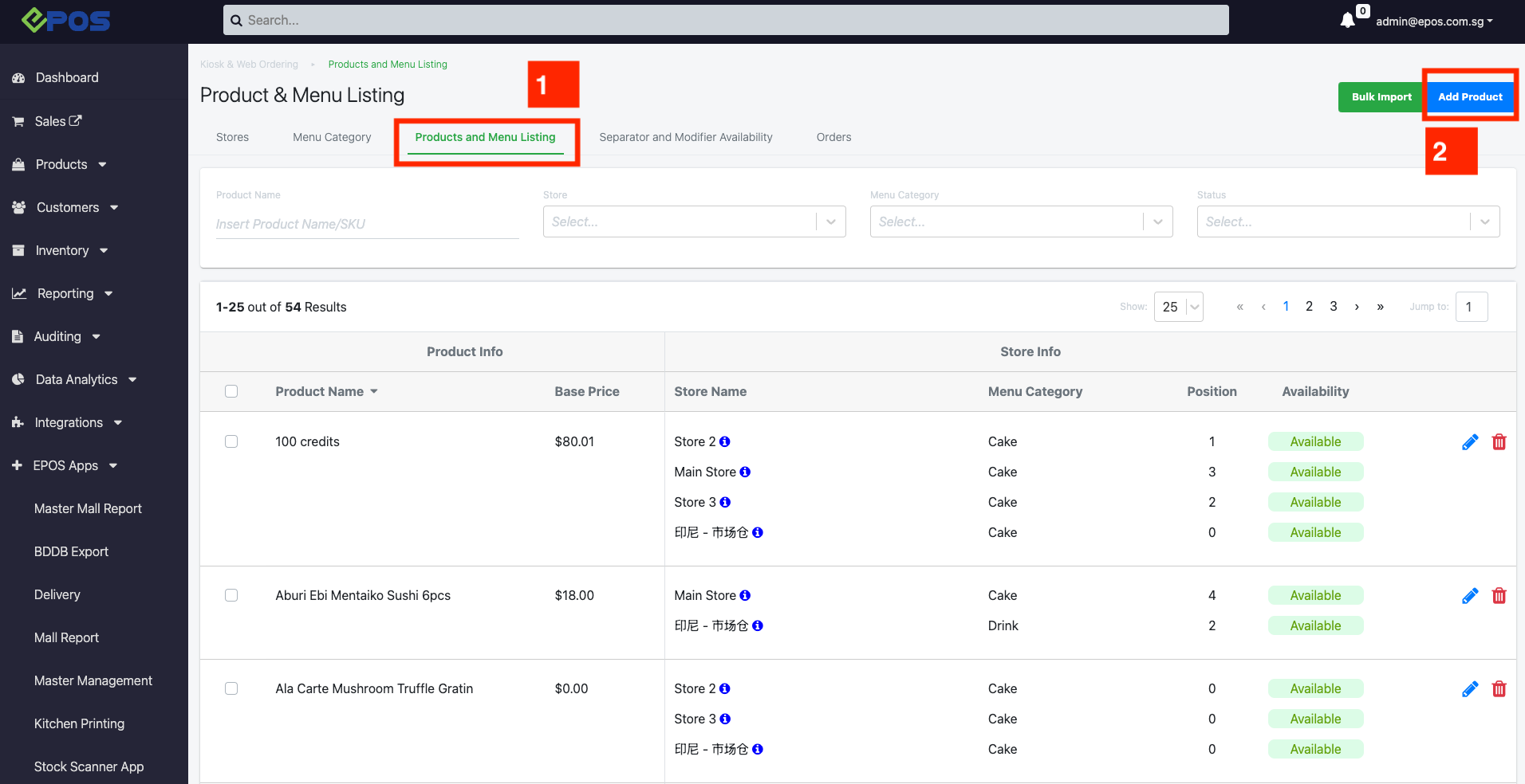 Add Product button in the Product and Menu Listing tab