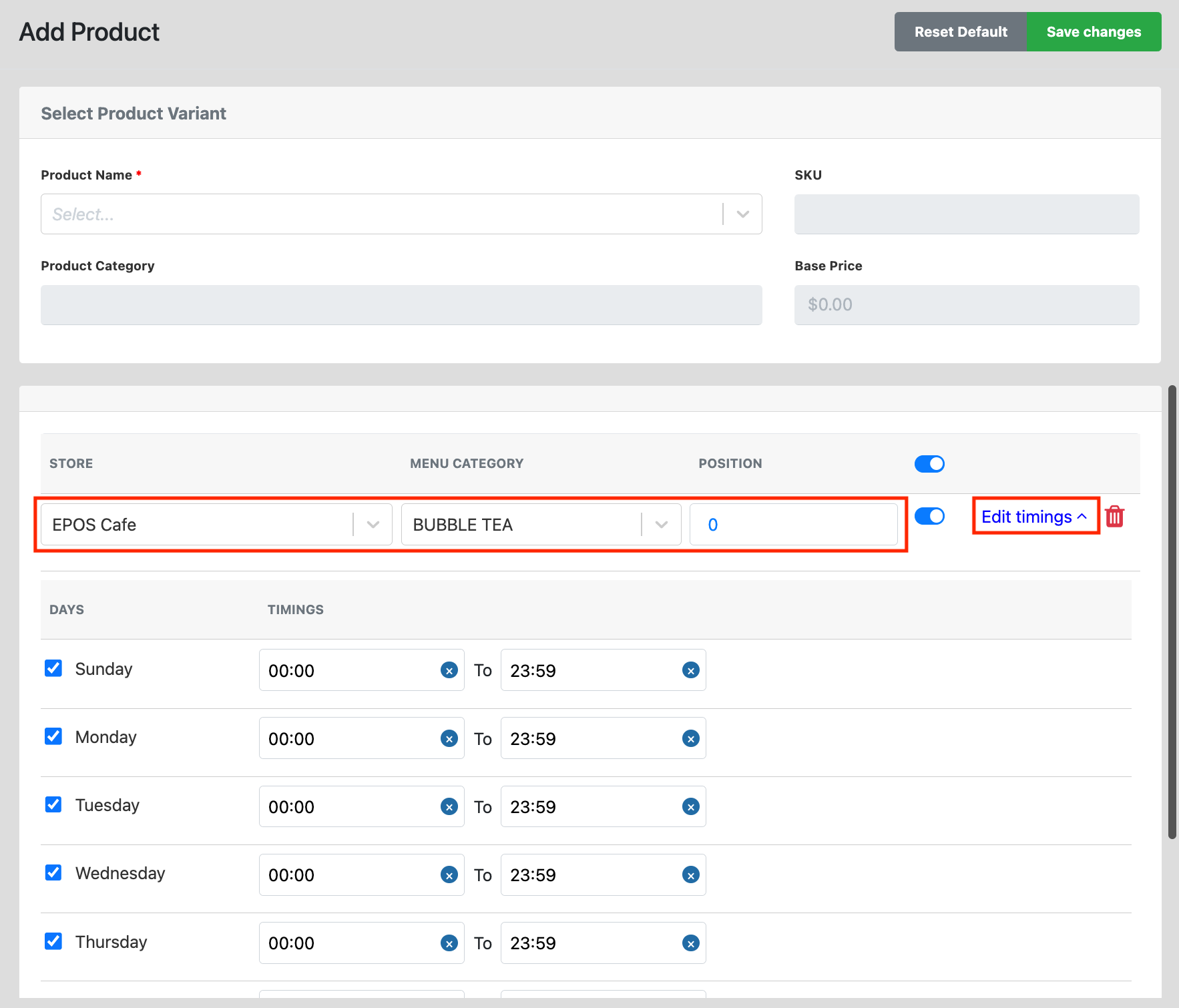 Add Product page with store, menu category, position and Edit timings