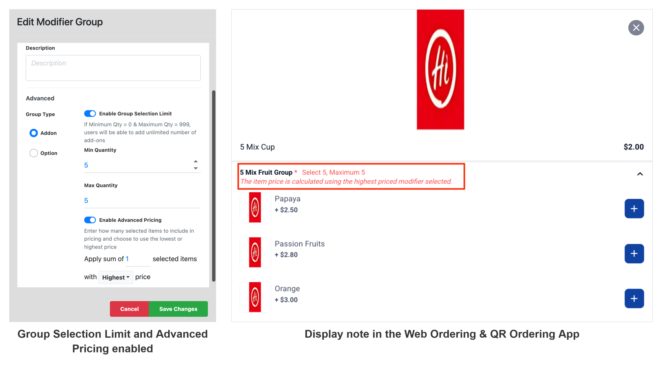 Group Selection Limit and Advanced Pricing display note