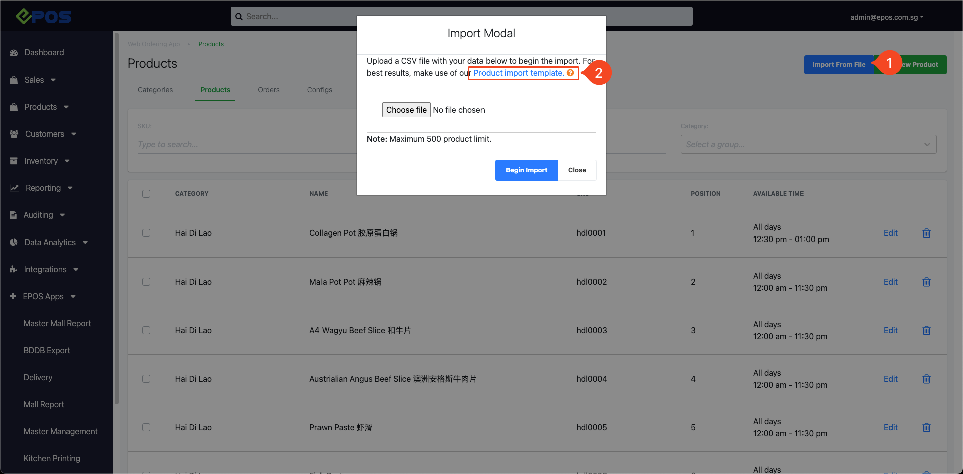 Import modal with the Product Import Template link