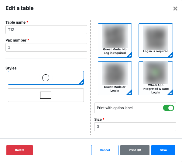 Edit a table showing the 4 QR code types
